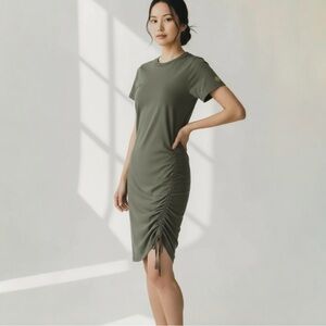 Michael Kors Women Olive Green Ruched T Shirt Dress Short Sleeve Casual XS